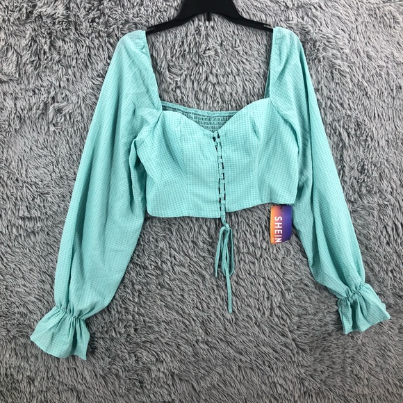 SHEIN Tops - Shein Crop Top Womens 2XL Curve Blue Bustier Square Neck Lace Balloon Sleeve